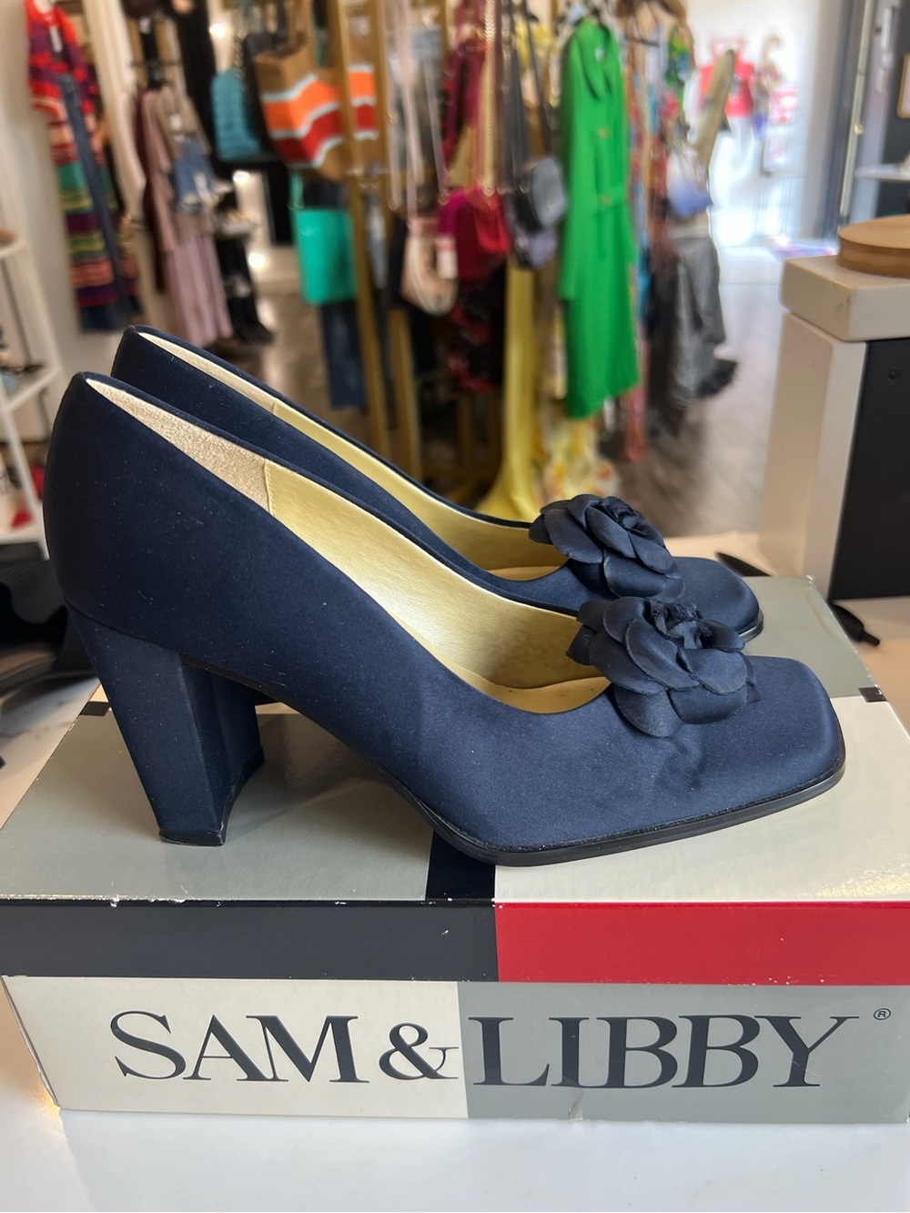 Sam & Libby vintage satin Navy Floral Accent Block Heel Pumps